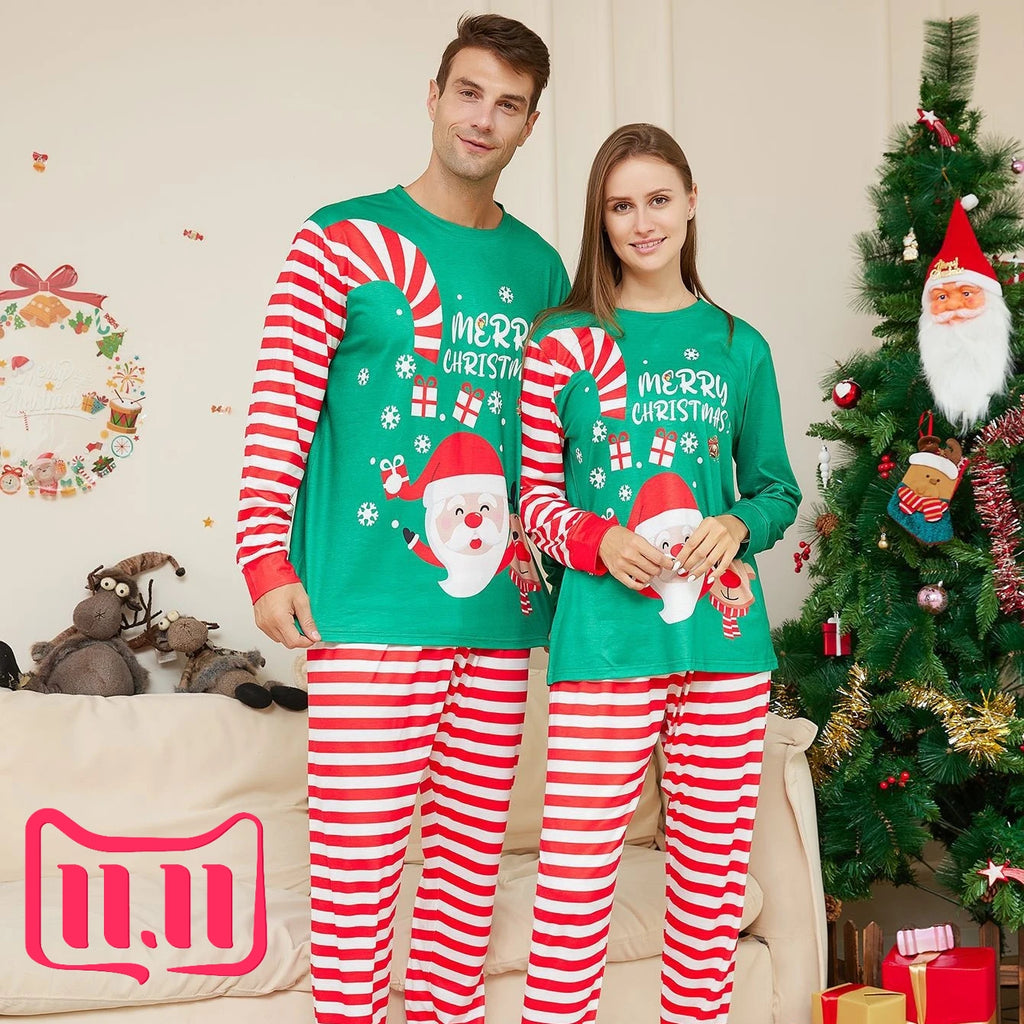 Snug family cuddles in festive candy cane pajamas