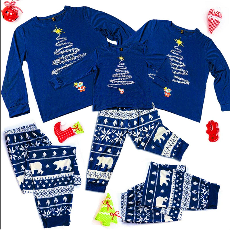 Matching Christmas tree-themed pajamas for family