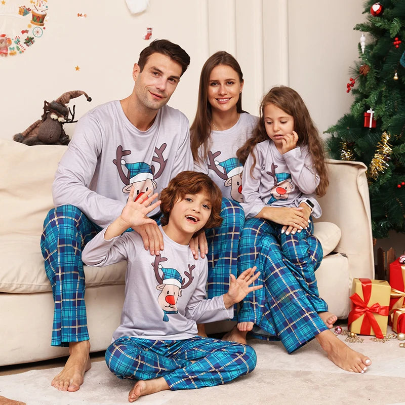Coordinated family Christmas light blue pajama set