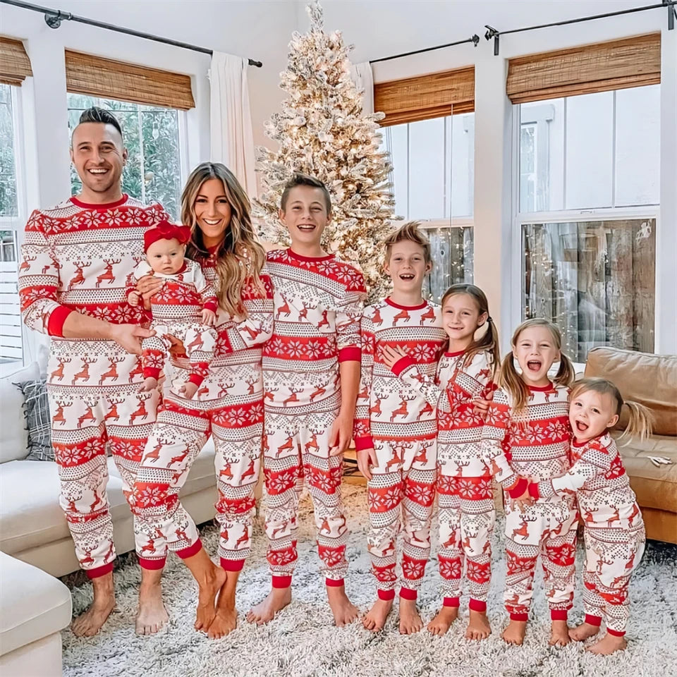 Red White Reindeer Matching Christmas Pyjamas